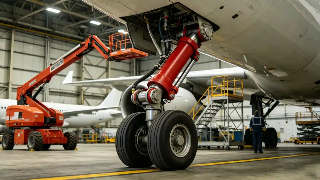 Aerial work vehicle steering cylinder used in aircraft maintenance hangar application