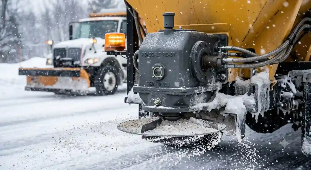 Fertilizer spreader gearbox used in winter road salt spreading application